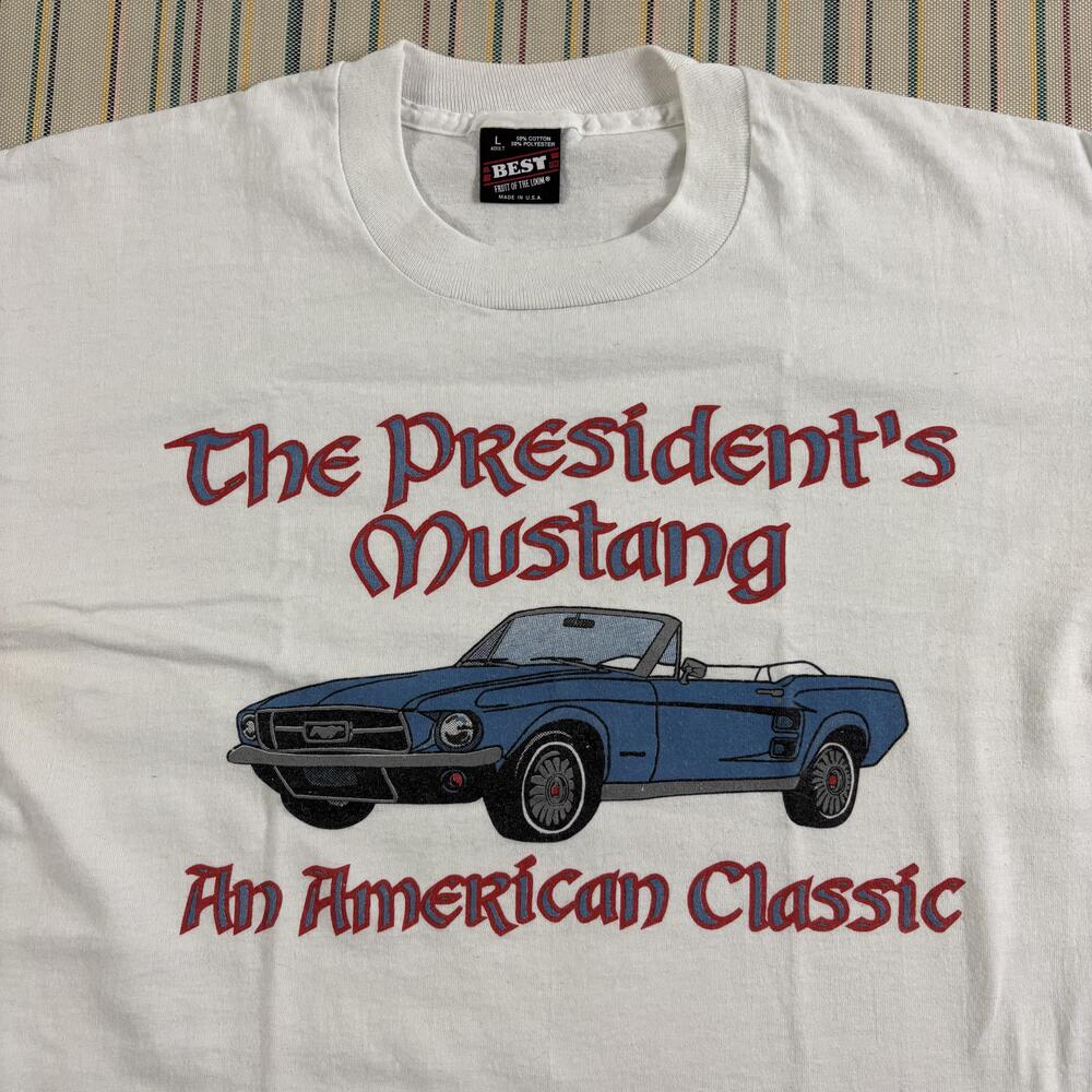 Vintage President's Mustang Shirt Mens Large White Fruit Of Loom Car USA 90s EUC